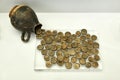 Ancient Greek coin hoard of the 3rd c. BC. in a jug in the museum exposition in Chersonesos, Crimea