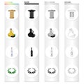 Ancient Greek column, olive oil, ouzo drink, laurel wreath. Greece set collection icons in cartoon black monochrome Royalty Free Stock Photo