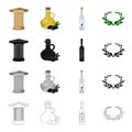 Ancient Greek column, olive oil, ouzo drink, laurel wreath. Greece set collection icons in cartoon black monochrome Royalty Free Stock Photo