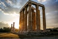 The ancient greek columns of Ancient Temple of Zeus, Olympeion, Athens, sunset light,