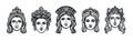 Ancient greek god woman avatars collection, line style head icons