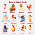 Ancient greek gods cartoon figures sets with dionysus zeus poseidon aphrodite apollo athena vector illustration