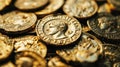 Ancient Greek Roman gold coins, pile of old money. Theme of Greece, wealth, antique, luxury golden treasure and history