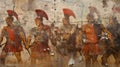 Ancient Greek or Roman warriors on battlefield, vintage wall fresco of past civilization. Old damaged painting with soldiers armed