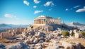 Ancient Greek ruins, majestic marble columns, a panoramic cityscape generated by AI