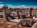 Ancient Greek ruins, stone slabs, columns and building foundations at Philippi, Greece