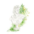 Ancient greek sculpture Apollo goddess head with tropical leaves flowers, Watercolor Antique Greece mythology statues