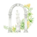 Ancient greek sculpture Venus goddess, arch with column corinthian order, greenery bouquet, Watercolor Antique Greece