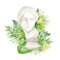 Ancient greek sculpture Venus goddess head with tropical leaves flowers, Watercolor Antique Greece mythology statues Royalty Free Stock Photo