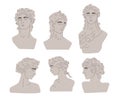 Ancient greek sculptures and busts in modern retro style set isolated on white background. Vector flat illustration