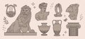 Ancient greek sculptures, leon statue, vases and column. Male body part and hands. Antique mythology silhouettes Royalty Free Stock Photo