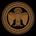 Ancient Greek shield with the image of an Owl and classical Greek floral ornament, vintage illustration