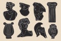 Ancient greek statues. Hand drawn one line antique sculptures, black mythology characters. Vector art