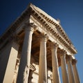 Ancient Greek Temple with Intricate Columns and Pediment Against Clear Blue Sky