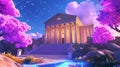 Ancient Greek temple with pink trees and a starry sky Royalty Free Stock Photo