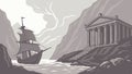 Ancient Greek Temple with Sailing Ship Vector Illustration, vector design Generative AI Royalty Free Stock Photo
