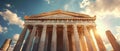 Ancient Greek temple on sun and sky background, front view of old building in summer. Concept of history, Greece, antique, travel Royalty Free Stock Photo