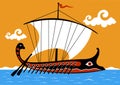 Ancient Greek trireme in the sea. Greek trireme ship sailing on the sea. Vector illustration Royalty Free Stock Photo