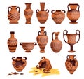 ancient Greek vases set. Logos with Greek antiquity urns. Damaged cracked ancient Greek vases. Old Roman handmade clay Royalty Free Stock Photo