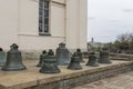 Ancient  green cooper bells stand near old church in Moscow cremlin. Royalty Free Stock Photo