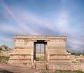 Ancient Hampi temple ruins of antique stone temple tower with blue sky, ancient Hampi Bazaar