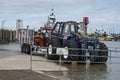 The Royal National Lifeboat Institute RNLI rescue rig and inflatable boat at Rye Harbour, East Sussex, England Royalty Free Stock Photo