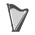 Ancient harp monochrome simple icon vector illustration. Retro musical instrument with strings