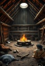Ancient Hearth: A Rustic Log Cabin Interior with Warm Firelight Royalty Free Stock Photo