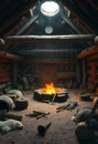 Ancient Hearth: A Rustic Log Cabin Interior with Warm Firelight Royalty Free Stock Photo