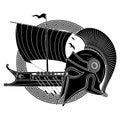 Ancient Hellenic helmet, ancient greek sailing ship galley - triera and greek ornament meander Royalty Free Stock Photo