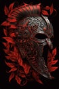 Ancient Hellenic Spartan helmet, red ancient Greek with foliage, laurel wreath and Greek ornament meander, isolated on black Royalty Free Stock Photo