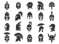 Ancient helmets. Medieval warrior knight helm armor, black silhouettes of gladiator viking crusader spartan headgear Royalty Free Stock Photo