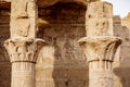 Ancient hieroglyphics still visible in colour on the exterior of Edfu Temple near Luxor Egypt