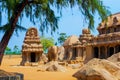 Ancient Hindu monolithic Indian sculptures rock cut architecture Pancha Rathas Five Rathas, Mahabalipuram, Tamil Nadu, South