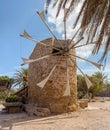 Ancient stone windmills Lassithi area, island Crete, Greece Royalty Free Stock Photo