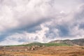 Ancient historical ruins in Pamukkale Turkey on the dramatic sky background Royalty Free Stock Photo