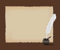 Ancient scroll and white feather, old papyrus and quill vector illustration