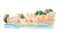 Ancient houses on coastline of the river watercolor illustration.