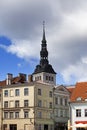 Ancient houses and view on St. Nicholas' Church (Niguliste). Old city, Tallinn, Estonia Royalty Free Stock Photo