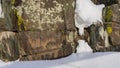 Ancient huge boulders covered with yellow and white lichens. Royalty Free Stock Photo