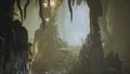 Ancient huge fantasy cave filled with ancient mushrooms and magical fog with dust. 3D Rendering