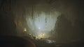 Ancient huge fantasy cave filled with ancient mushrooms and magical fog with dust. 3D Rendering