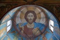 Ancient image of Jesus Christ inside the dome of the Church of Michael the Archangel. Volkhov