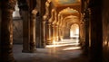 Ancient Indian culture illuminates the dark courtyard, showcasing architectural marvels generated by AI