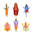 Ancient Indian Hindu Gods and Deity with Yama, Vishnu, Igny, Shiva, Ganesha and Indra Vector Set