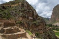 Ancient inka fortress in Ollantaytambo, Peru on cloudy day march 2019 Royalty Free Stock Photo