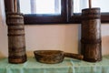 Ancient interior of a rural house in an ethnographic park. Old stove