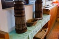 Ancient interior of a rural house in an ethnographic park. Old stove