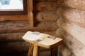 Ancient interior of a rural house in an ethnographic park. Old stove