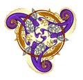Ancient Irish symbol. Ethnic magic sign. Celtic knot pattern. Triple trickle Celtic spiral ornament. Old triskelion vintage. Print Royalty Free Stock Photo